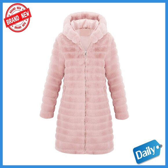 Long Faux Fur Coat with Hood Loose Fit Zip Closure Winter Overcoat